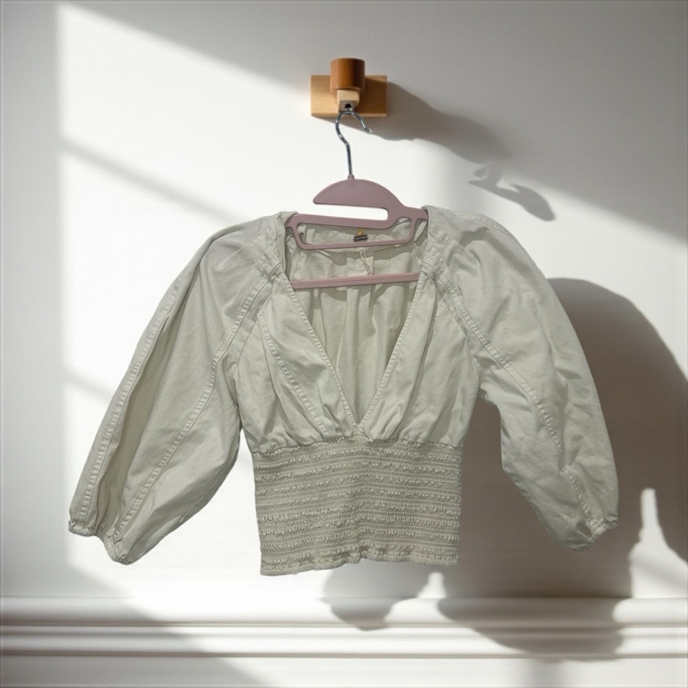 Free People White Victorian-Inspired Blouse with Puff Sleeves